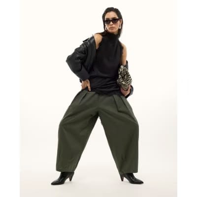 Khaki Poplin Barrel Leg Trousers