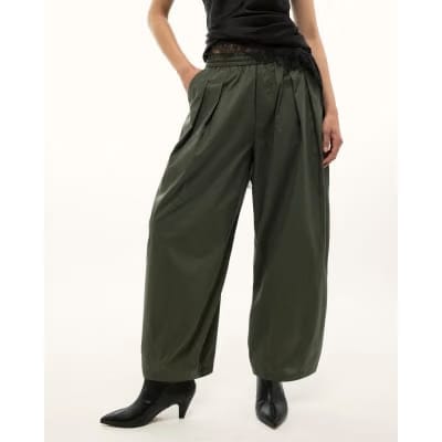 Khaki Poplin Barrel Leg Trousers