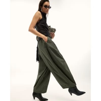 Khaki Poplin Barrel Leg Trousers