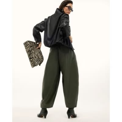 Khaki Poplin Barrel Leg Trousers