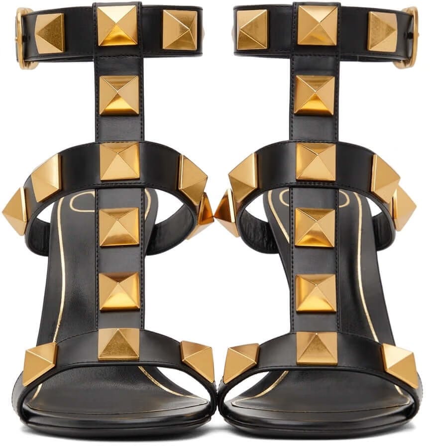 Valentino Garavani Black Calfskin Roman Stud 100 Heeled Sandals