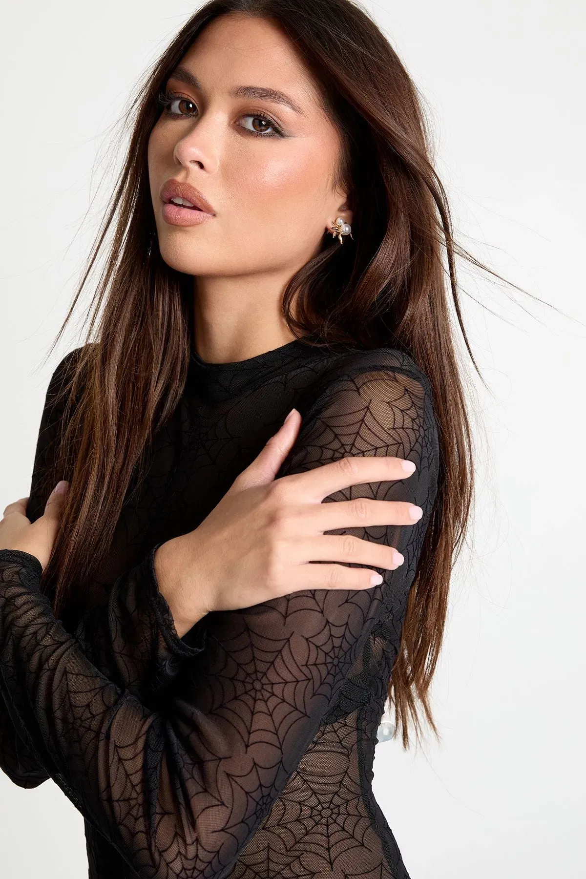 Halloween Cobweb Flock Mesh Jumpsuit