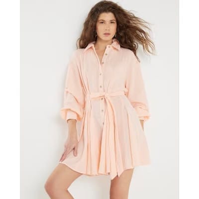 Pink Cotton Belted Mini Shirt Dress