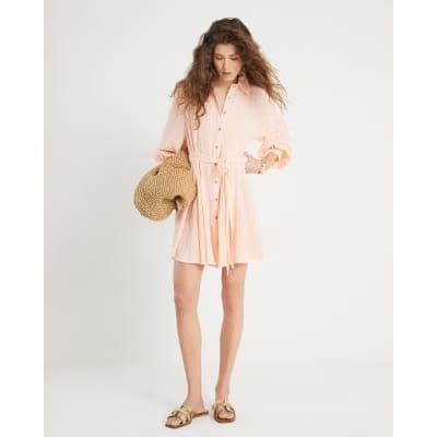 Pink Cotton Belted Mini Shirt Dress