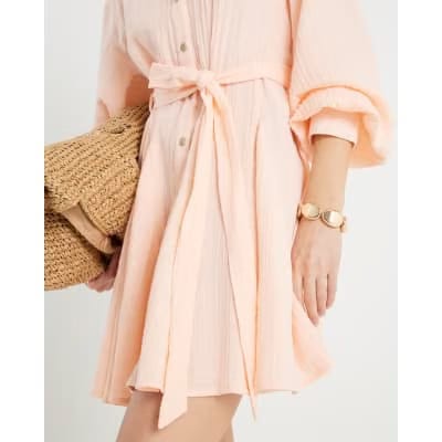 Pink Cotton Belted Mini Shirt Dress