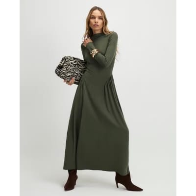 Khaki Long Sleeve Gathered Waist Maxi Dress