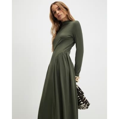 Khaki Long Sleeve Gathered Waist Maxi Dress