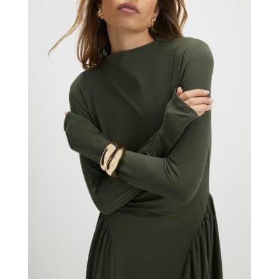 Khaki Long Sleeve Gathered Waist Maxi Dress