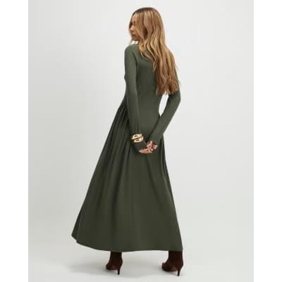 Khaki Long Sleeve Gathered Waist Maxi Dress