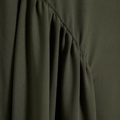 Khaki Long Sleeve Gathered Waist Maxi Dress