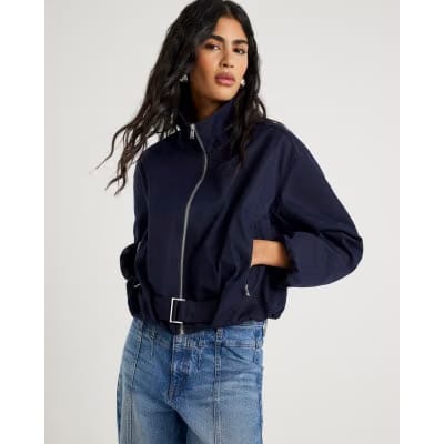 Navy Belted Bubble Hem Jacket