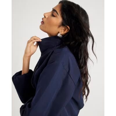 Navy Belted Bubble Hem Jacket