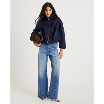 Navy Belted Bubble Hem Jacket