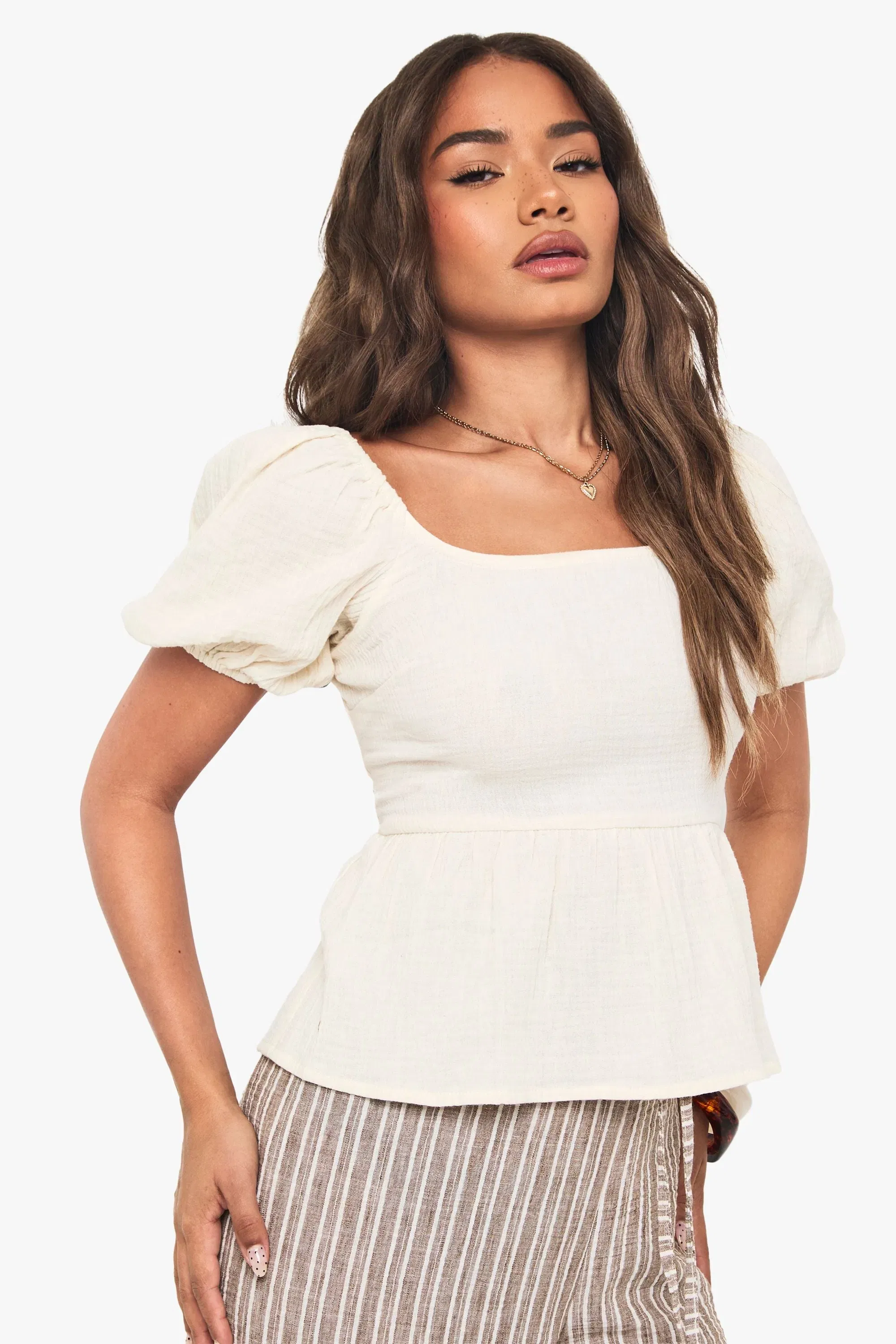 Crinkle Cotton Puff Sleeve Shirred Crop Top