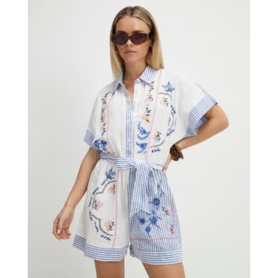 Petite White Embroidery Stripe Playsuit