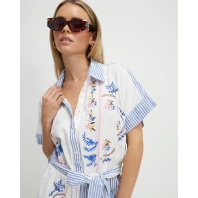 Petite White Embroidery Stripe Playsuit