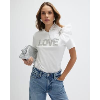 White Short Sleeve Embellished Love T-shirt