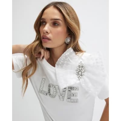 White Short Sleeve Embellished Love T-shirt