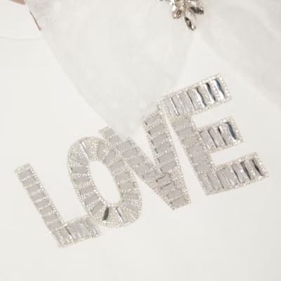 White Short Sleeve Embellished Love T-shirt