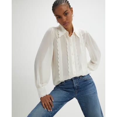 Cream Long Sleeve Scallop Trim Shirt