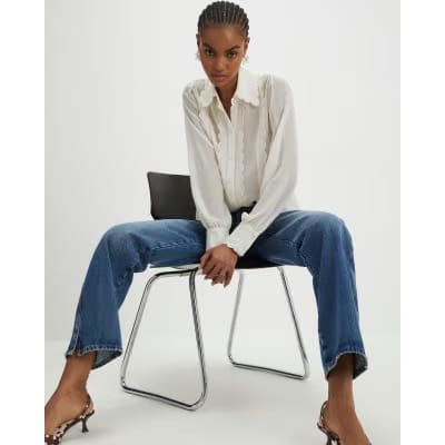 Cream Long Sleeve Scallop Trim Shirt