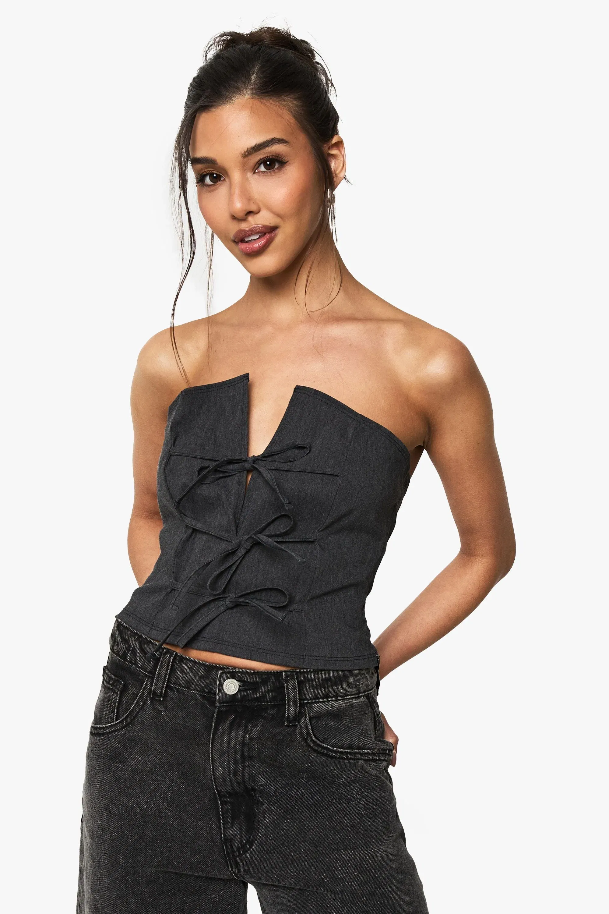 Marl Bengaline Tie Front Detail Bandeau Top