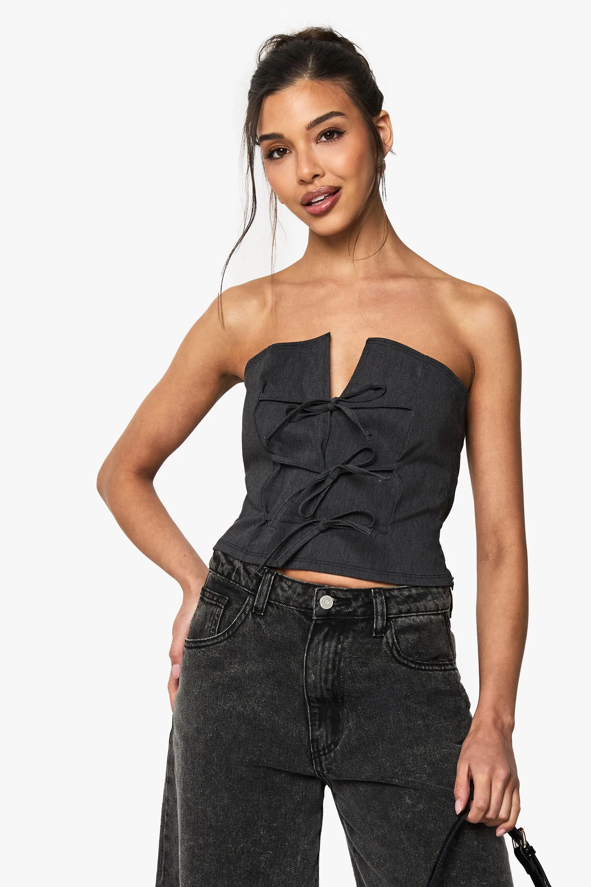 Marl Bengaline Tie Front Detail Bandeau Top