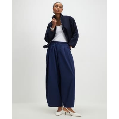 Navy Barrel Leg Trousers