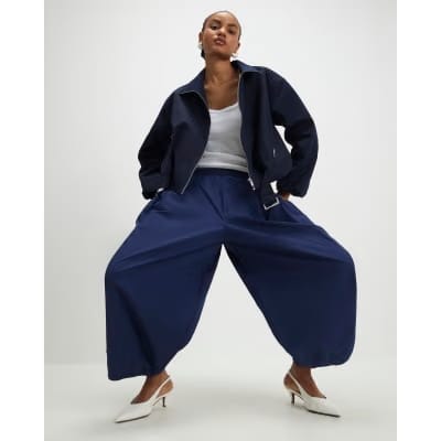 Navy Barrel Leg Trousers