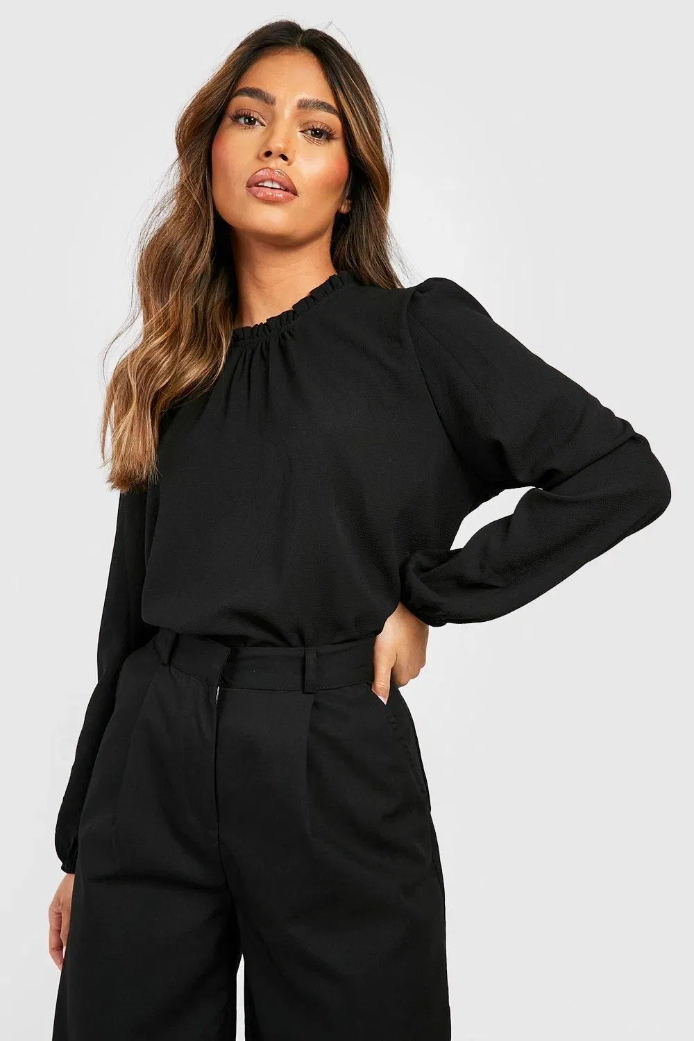 Frill Neck Long Sleeve Woven Blouse