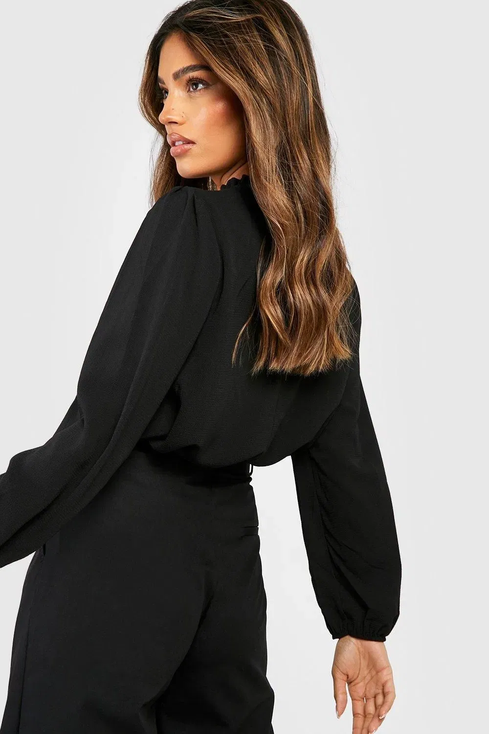 Frill Neck Long Sleeve Woven Blouse