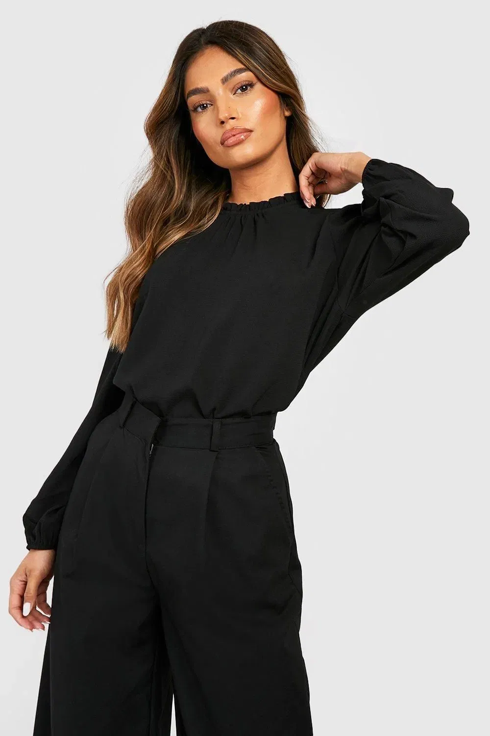 Frill Neck Long Sleeve Woven Blouse