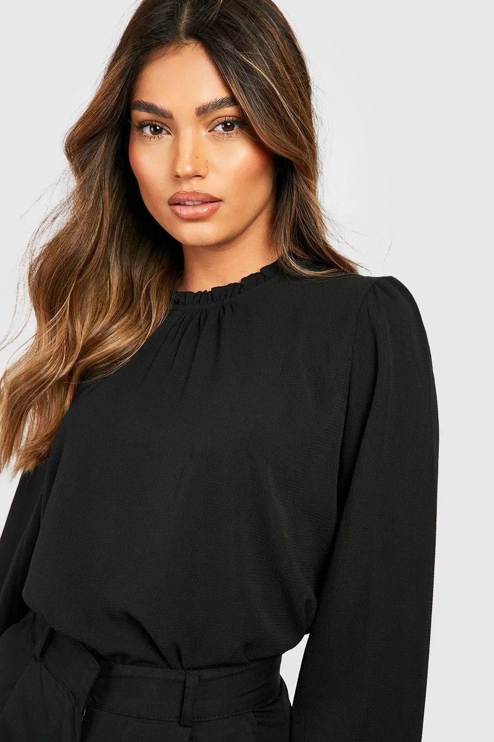 Frill Neck Long Sleeve Woven Blouse