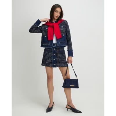 Blue Boucle Denim A line Mini Skirt