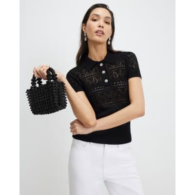 Black Stitched Knit Polo Top