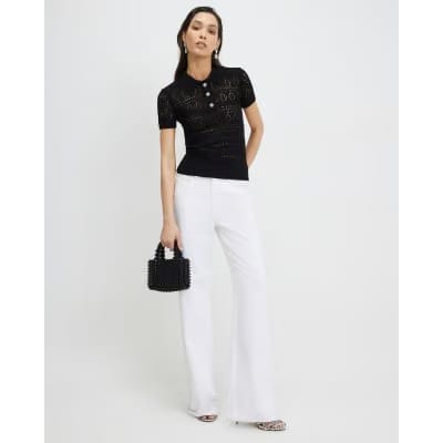 Black Stitched Knit Polo Top