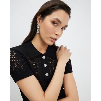 Black Stitched Knit Polo Top