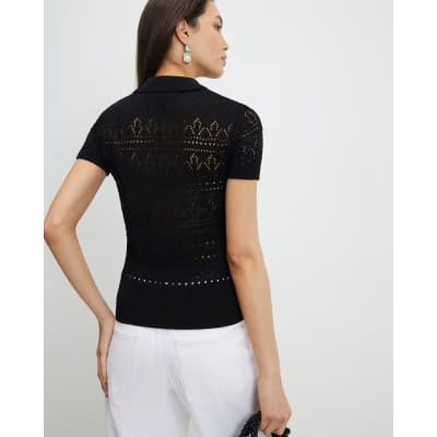 Black Stitched Knit Polo Top
