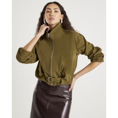 Khaki Belted Bubble Hem Jacket