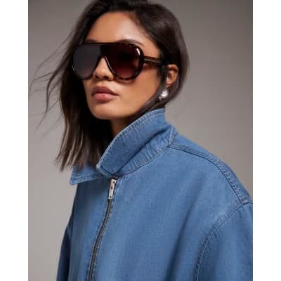 Blue Gather Detail Denim Bomber Jacket