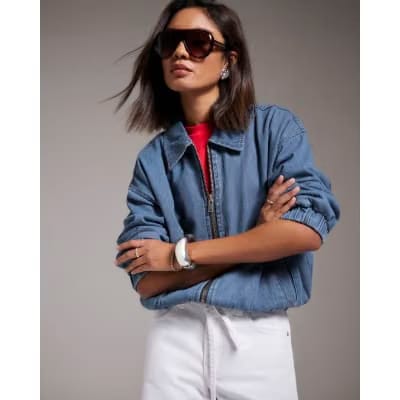 Blue Gather Detail Denim Bomber Jacket