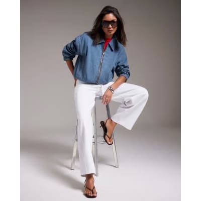 Blue Gather Detail Denim Bomber Jacket