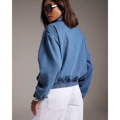 Blue Gather Detail Denim Bomber Jacket