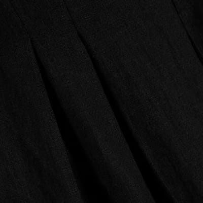 Black Linen Blend Shirred Mini Dress
