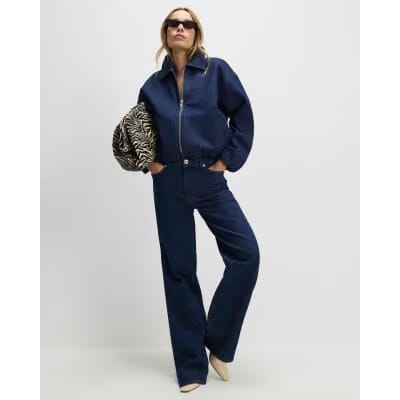 Blue Denim Gathered Hem Bomber Jacket