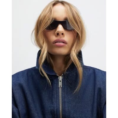 Blue Denim Gathered Hem Bomber Jacket