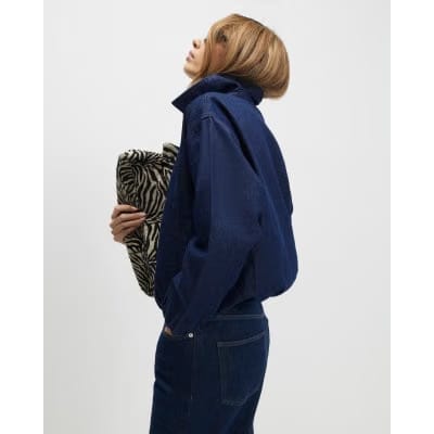 Blue Denim Gathered Hem Bomber Jacket