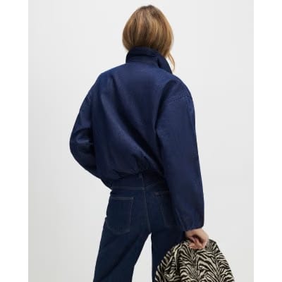 Blue Denim Gathered Hem Bomber Jacket