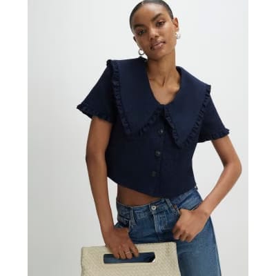 Navy Oversized Collar Boucle Top
