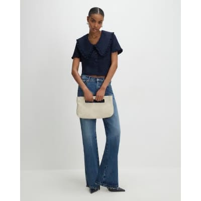 Navy Oversized Collar Boucle Top